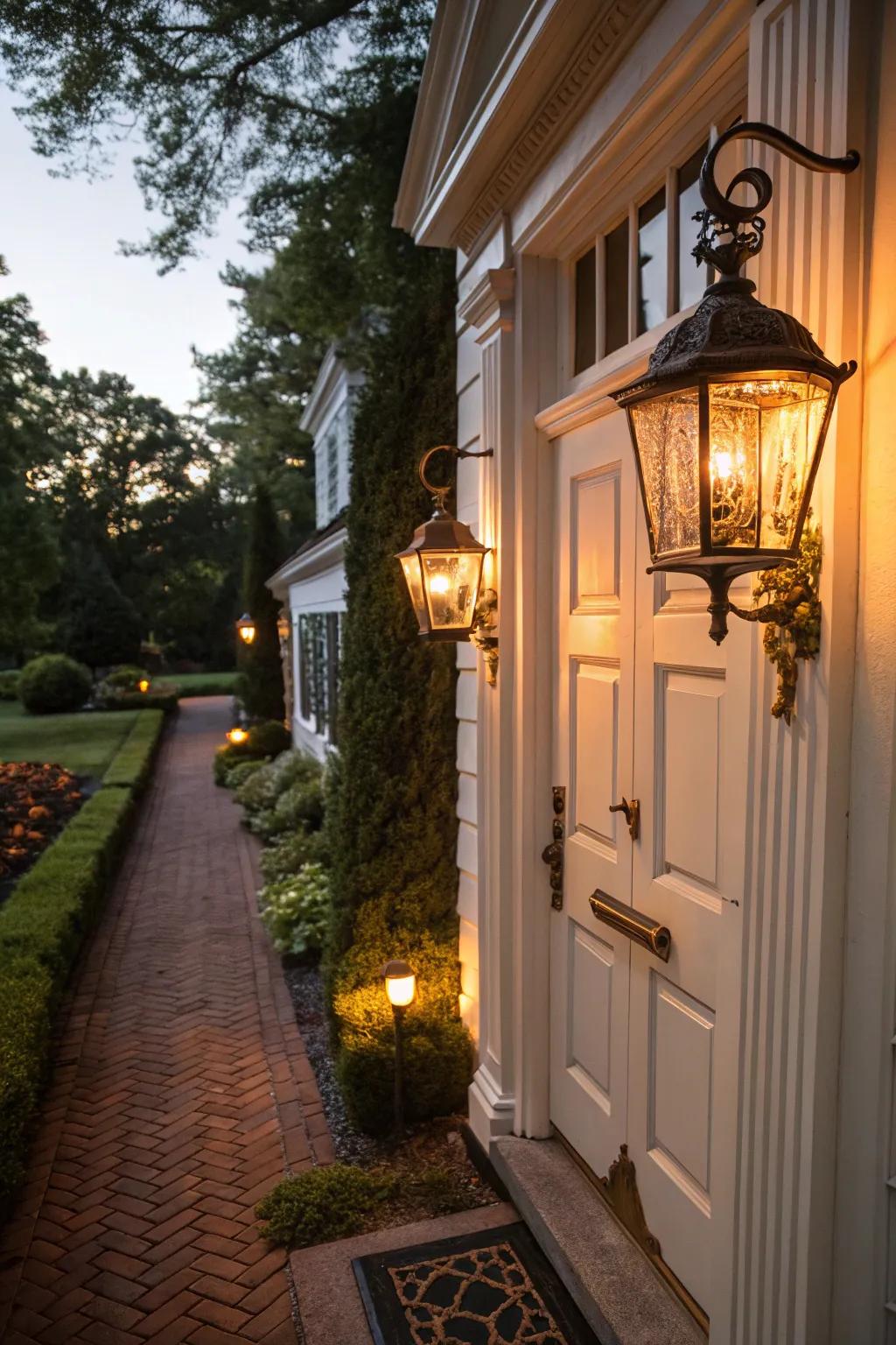 Iconic lights lend an inviting radiance and enhance the colonial style.