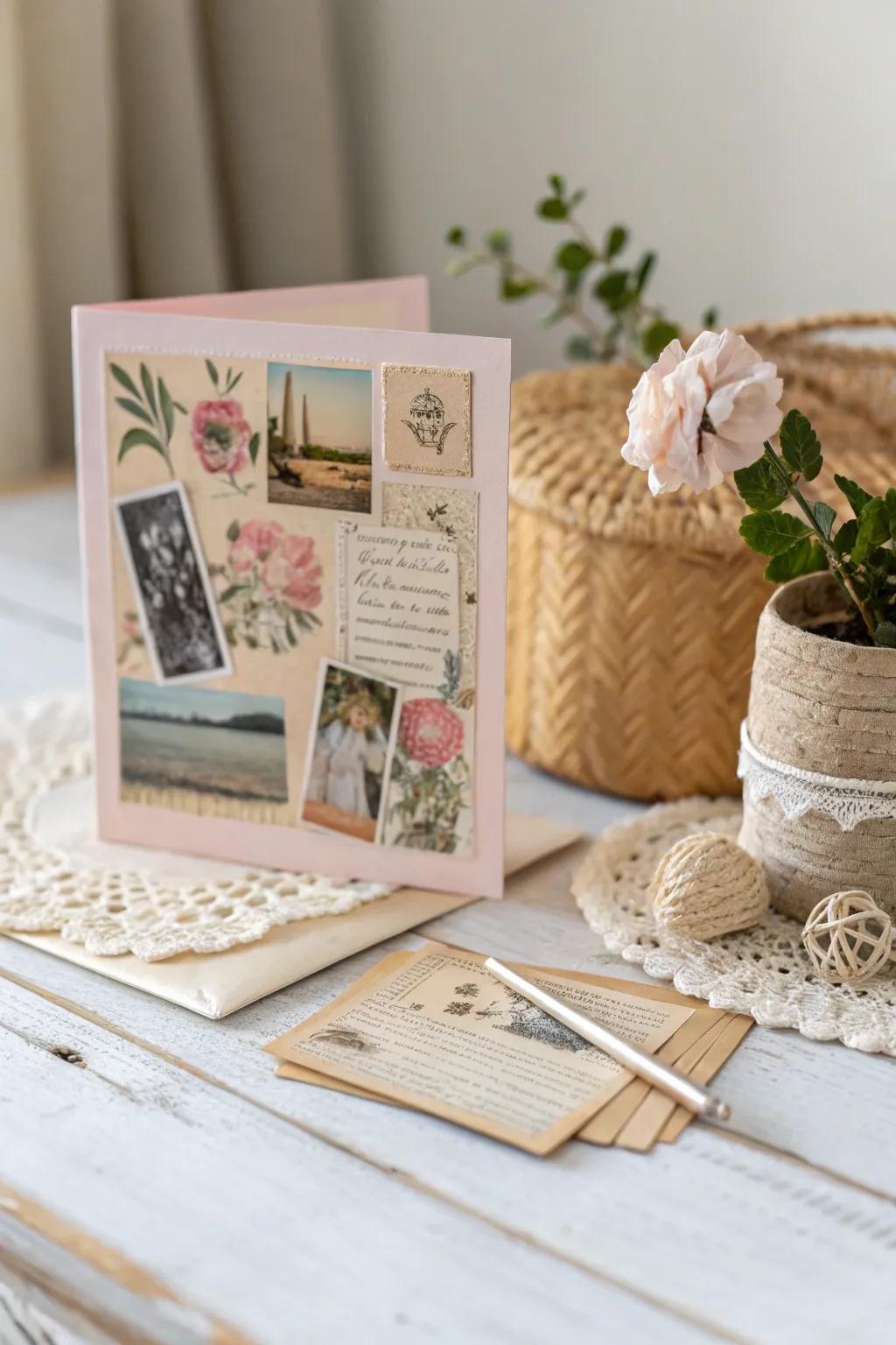Embrace nostalgia via a handcrafted heritage mixed-media card, epitomizing the art of repurposing through its simplicity.