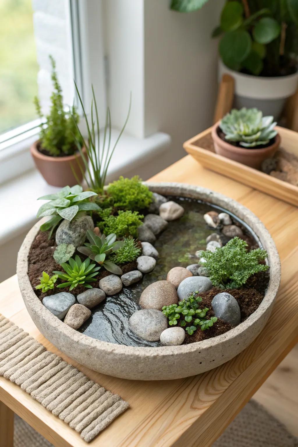 Bring the peace of nature indoors with a charming clay miniature garden display.