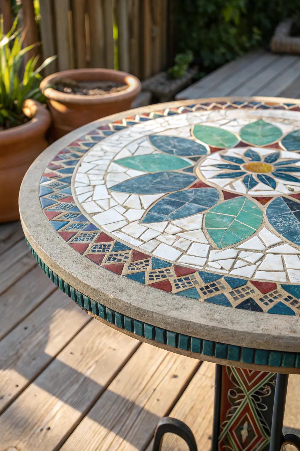 Transform your deck into a vibrant retreat with a DIY tiled table surface centerpiece.