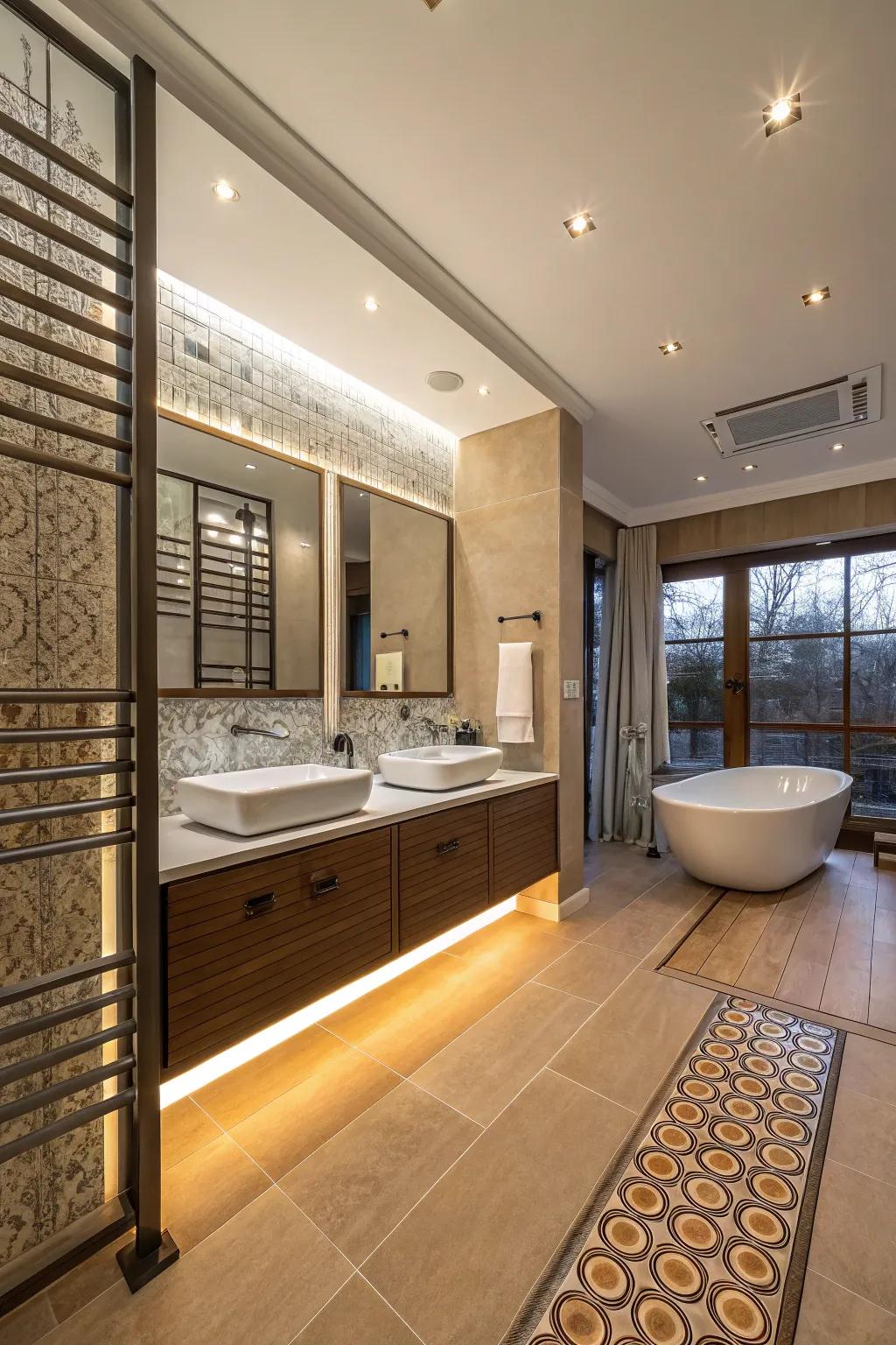 Luxurious warmed flooring in a contemporary bathing room.