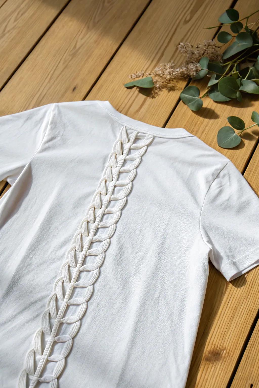 Enhance your style with an interwoven back T-shirt design that blends minimalist charm with bohemian elegance.