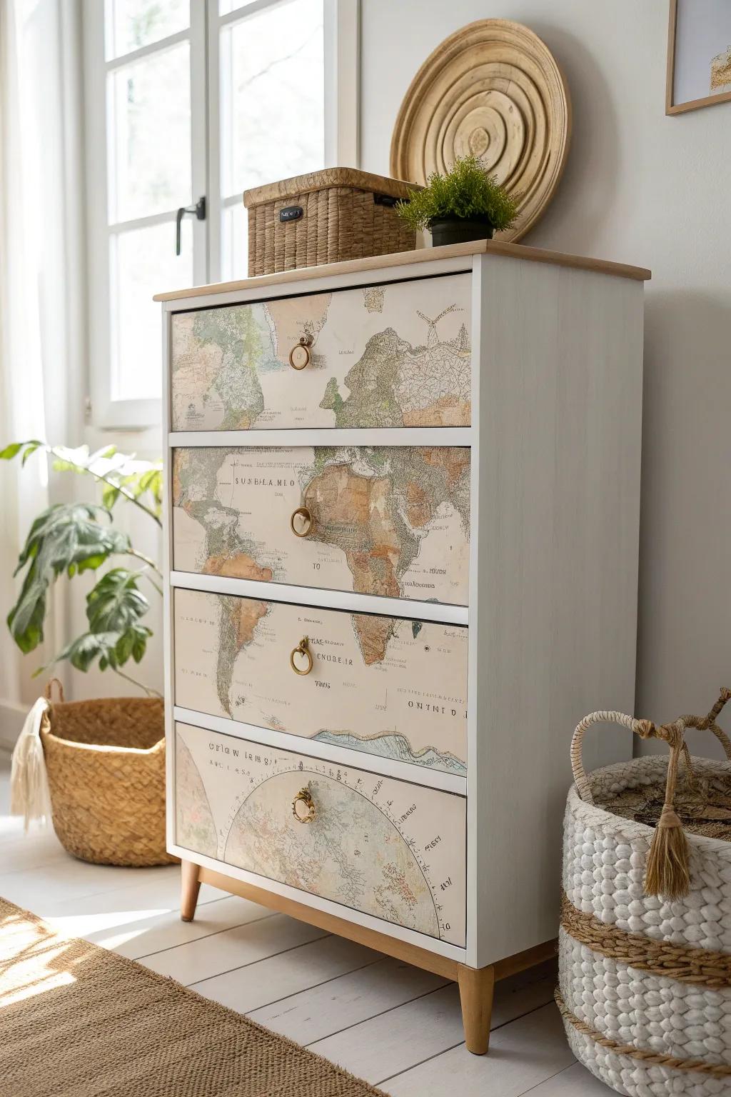 Travel through your memories with a map-themed dresser that brings wanderlust to life. 🌍✨