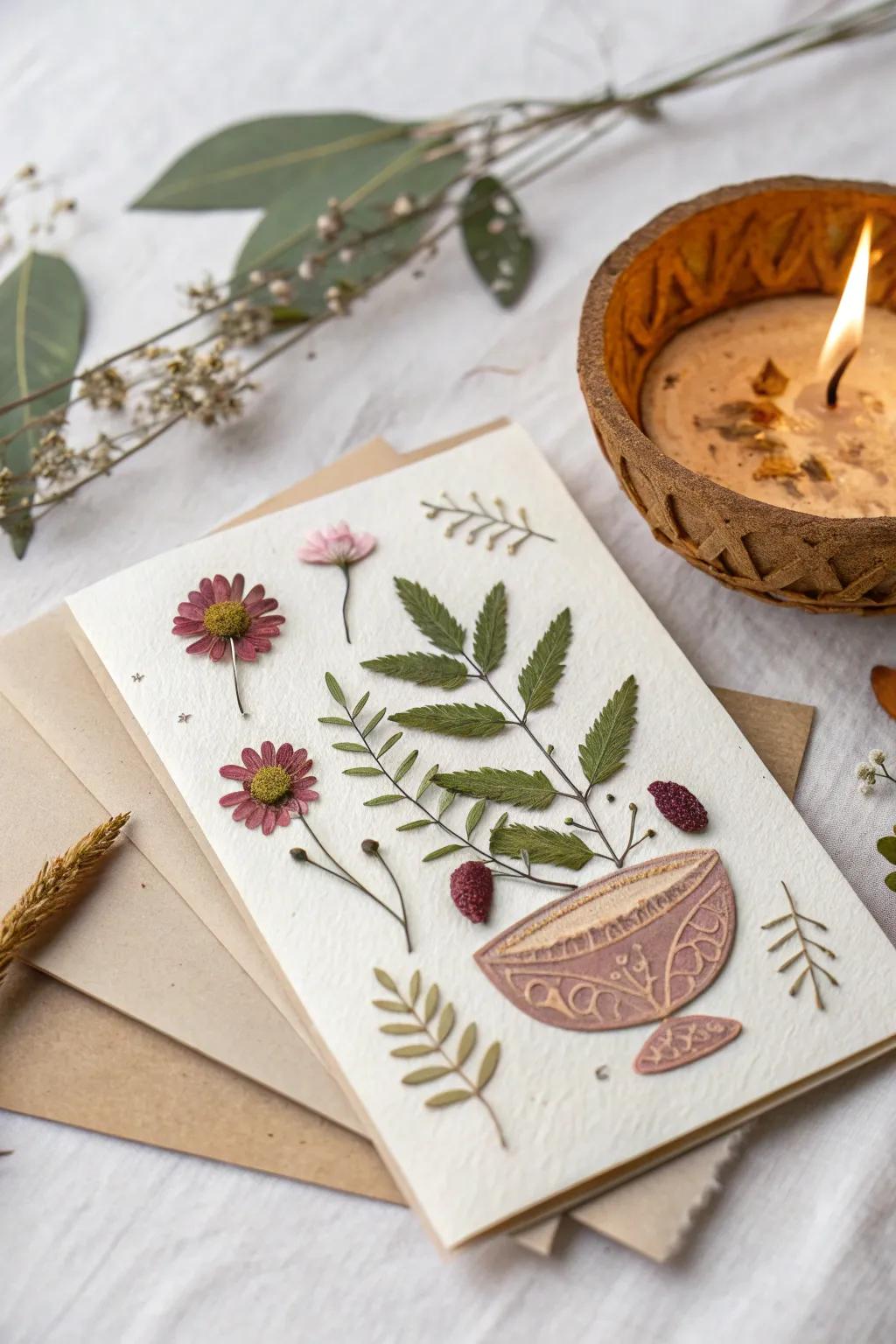 Commemorate Diwali with sustainable elegance: a handmade card featuring nature's own art.
