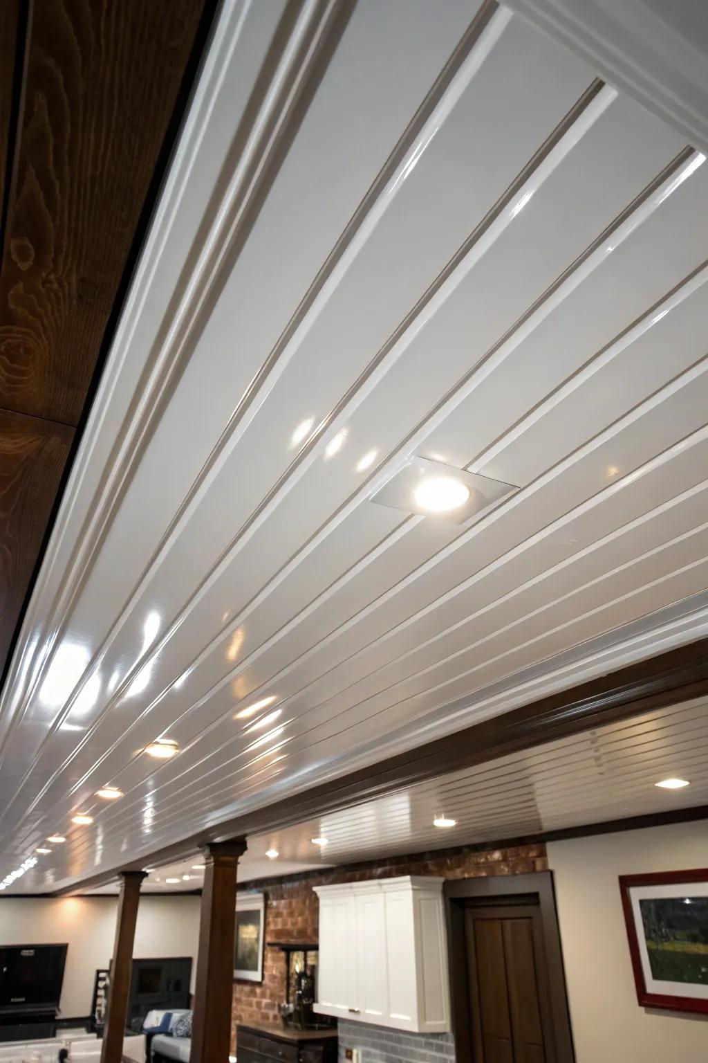 Elevate your basement with moisture-resistant PVC segments for a spotless and contemporary aesthetic.