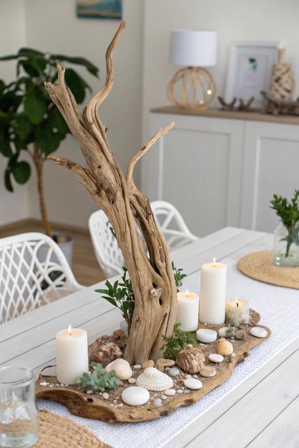 Cherish nature's artistry via a singular driftwood focal point, impeccable for incorporating a shoreside hint into your minimalist aesthetic.