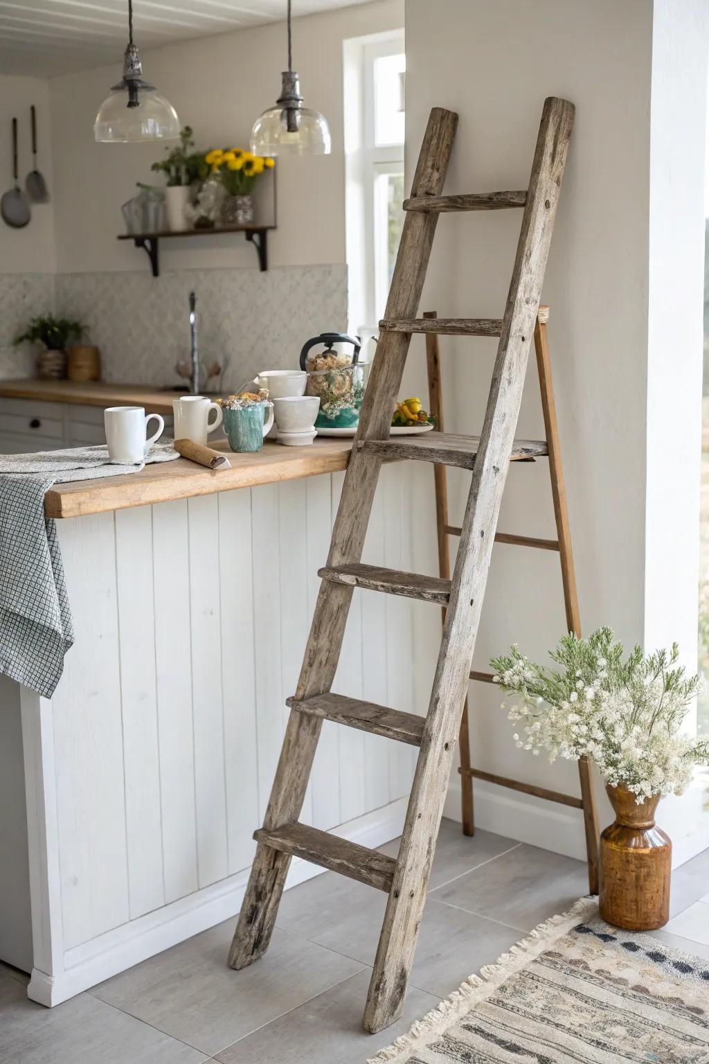 For a hint of boho appeal, turn your kitchen into a rustic ladder breakfast bar.