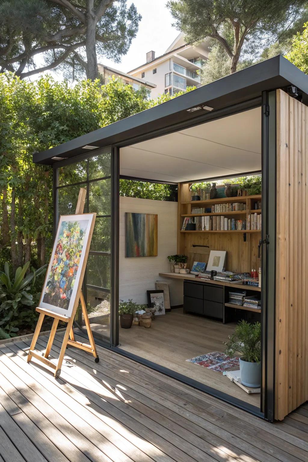 Find your artistic sanctuary in this elegant outdoor art studio shelter.