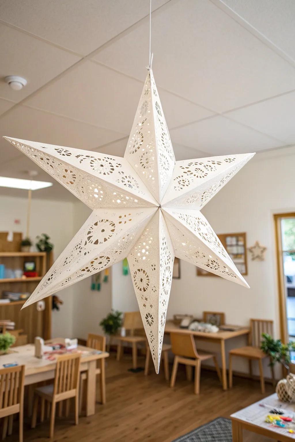 Transform your classroom into a winter wonderland with floating paper stars for a hint of magic and refinement.