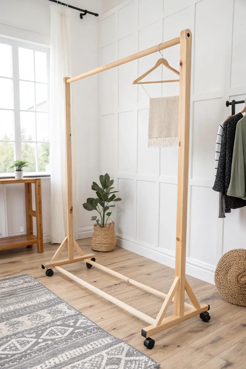 Effortless elegance on wheels: Redesign your abode with this uncluttered ambulatory garment stand.