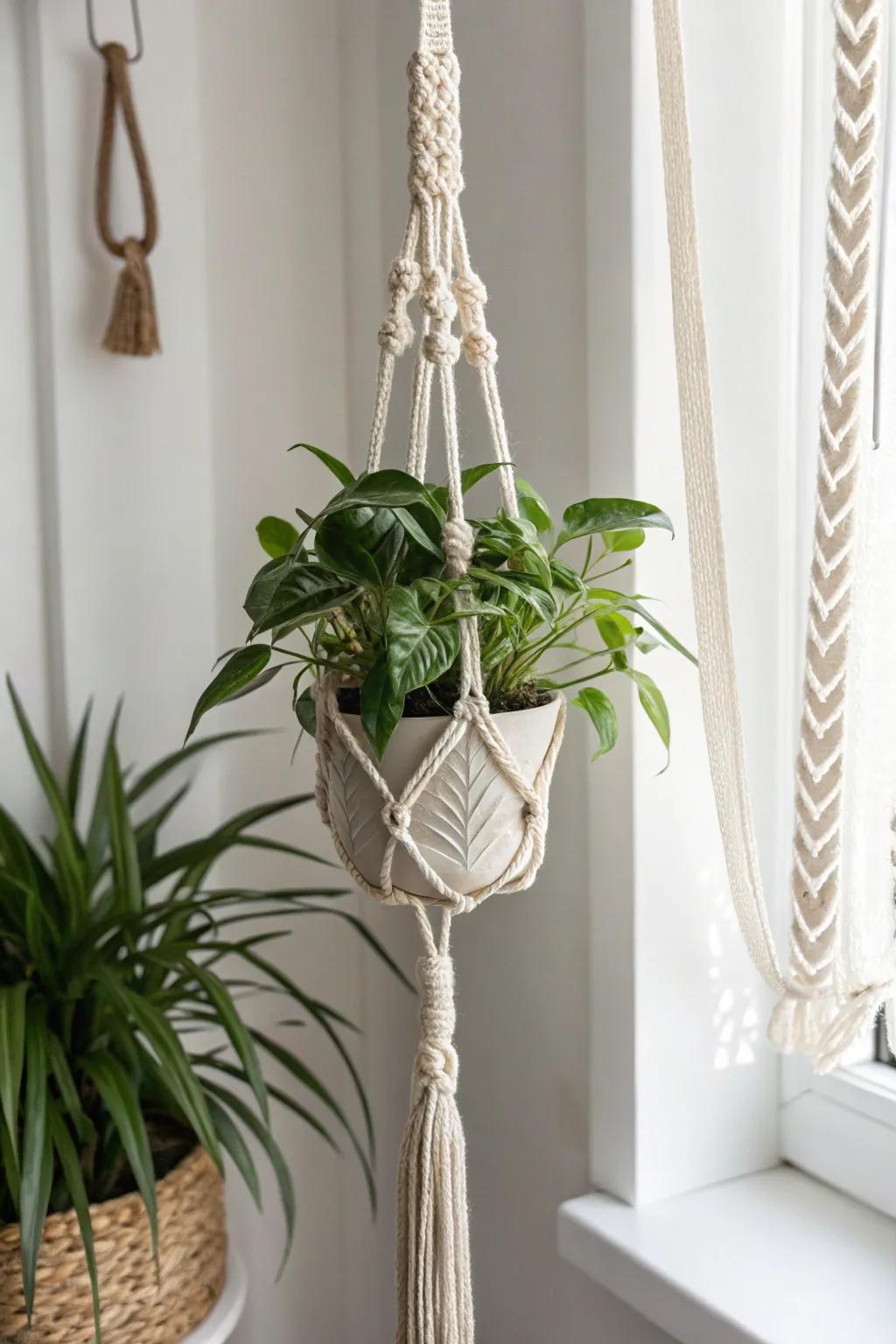 Elevate your greenery with handcrafted macrame elegance, where simplicity meets boho charm.