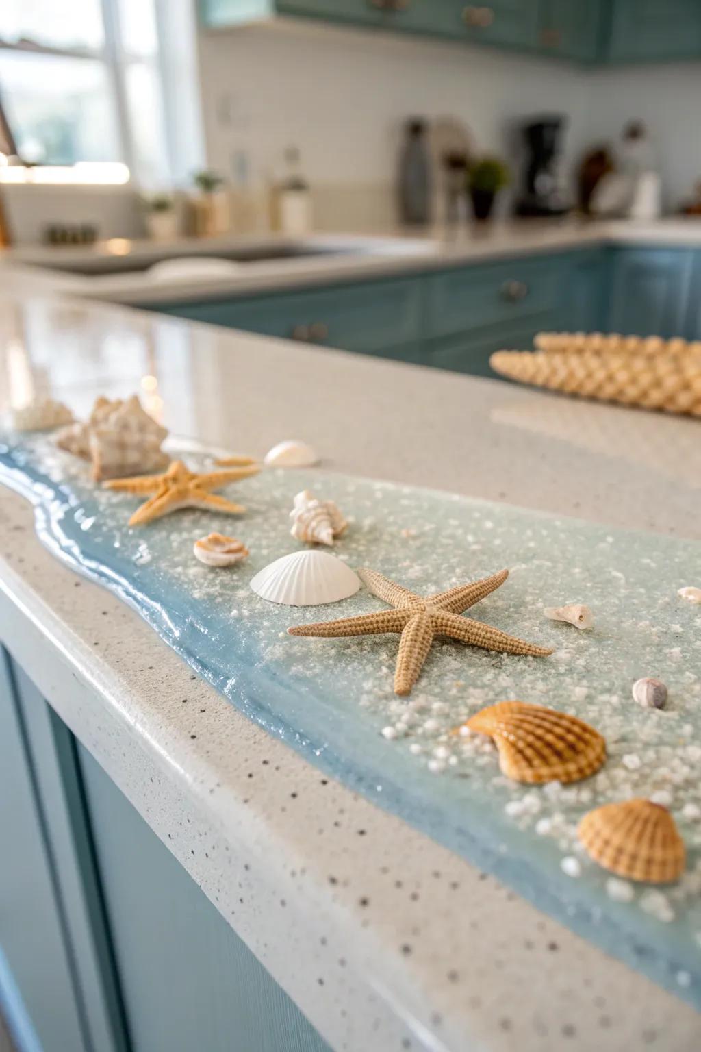 Carry the coast to your kitchen with a magnificent coastal-inspired epoxy surface.