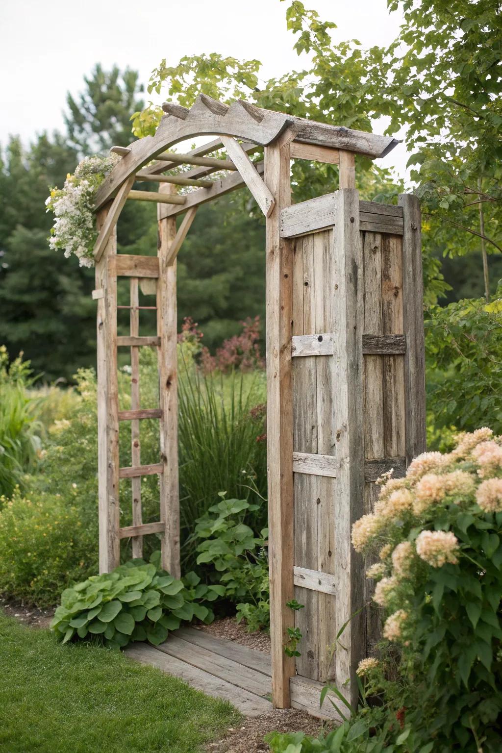 Embrace sustainable sophistication with a restored timber garden arch, merging rustic charm with minimalist grace.