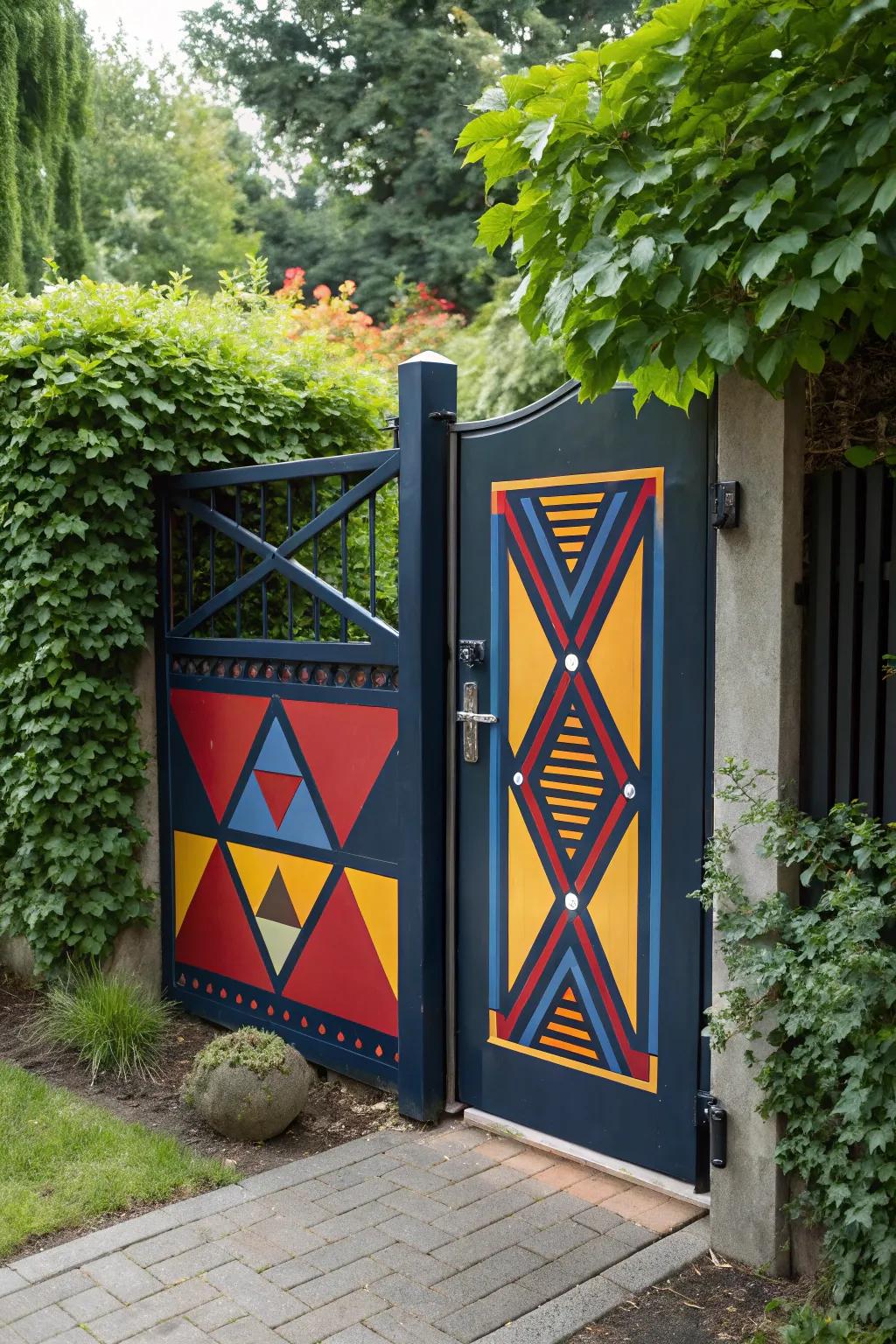 Inject a burst of color into your garden with a modern, painted gate that captures attention.