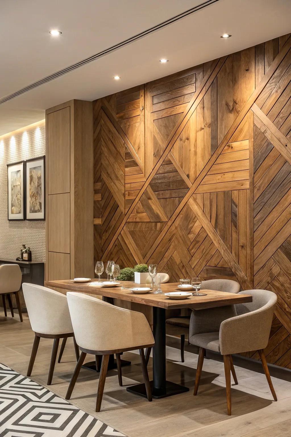 Redefine your environment with a captivating wooden feature wall that instills both warmth and sophistication into any chamber.
