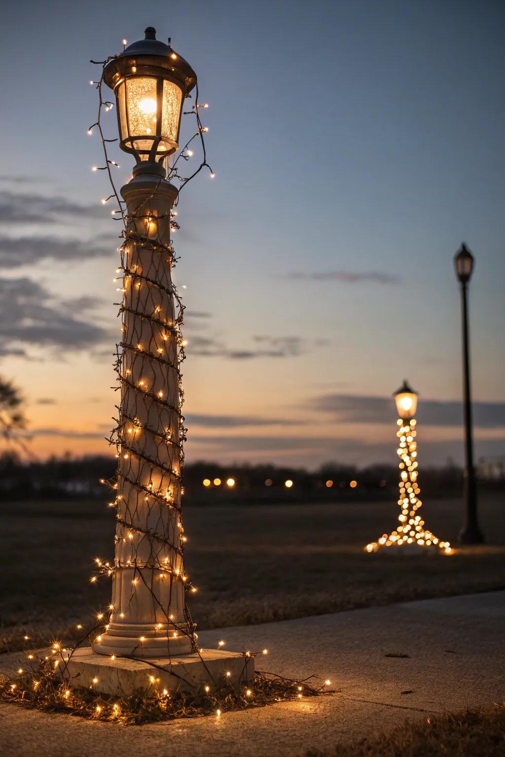 Turn your outdoor area into a magical place with sparkling string lights wrapped around a DIY lamp post.