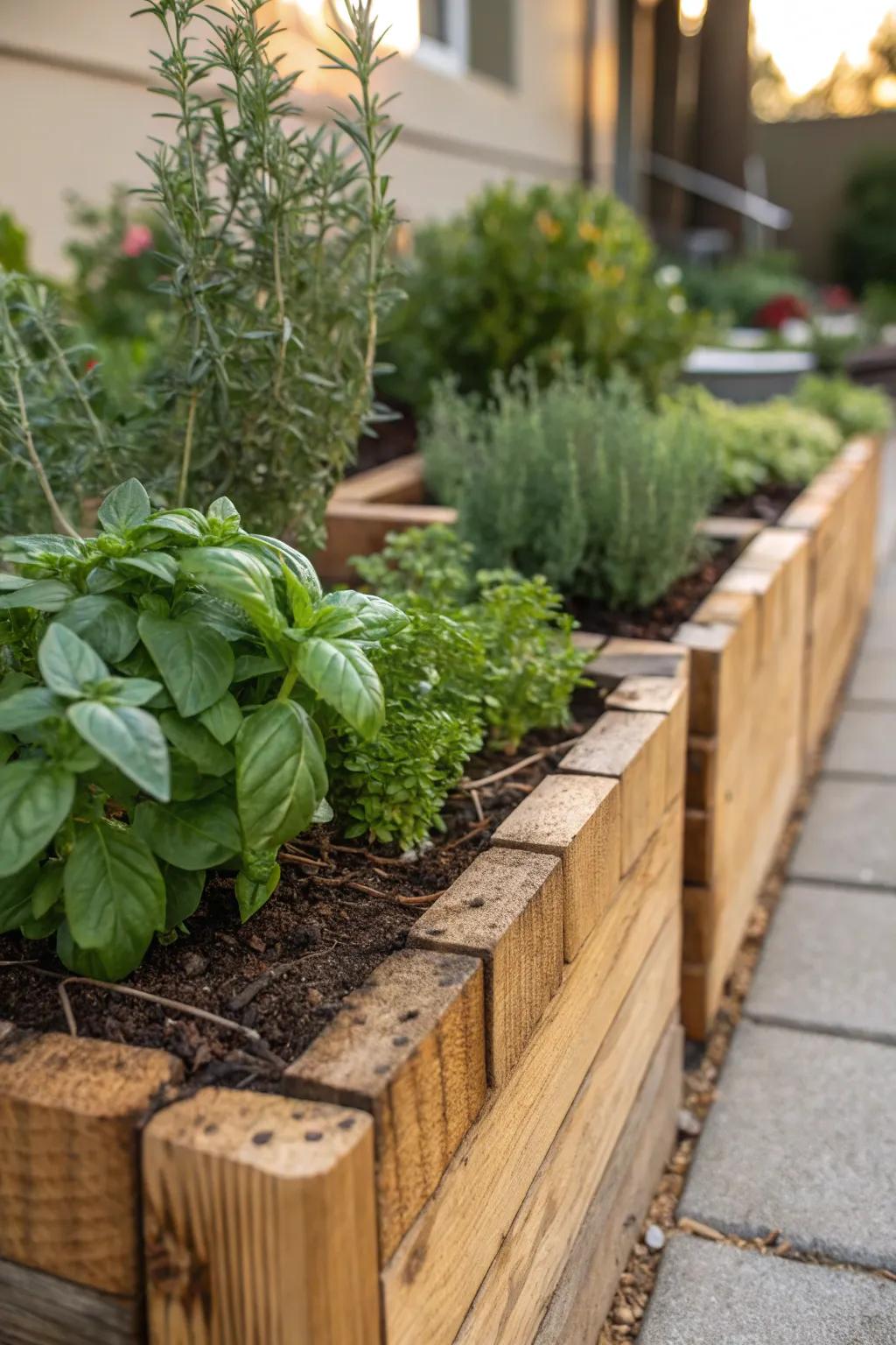 Elevate your herb garden with rustic timber edging for an organized and charming backyard oasis.