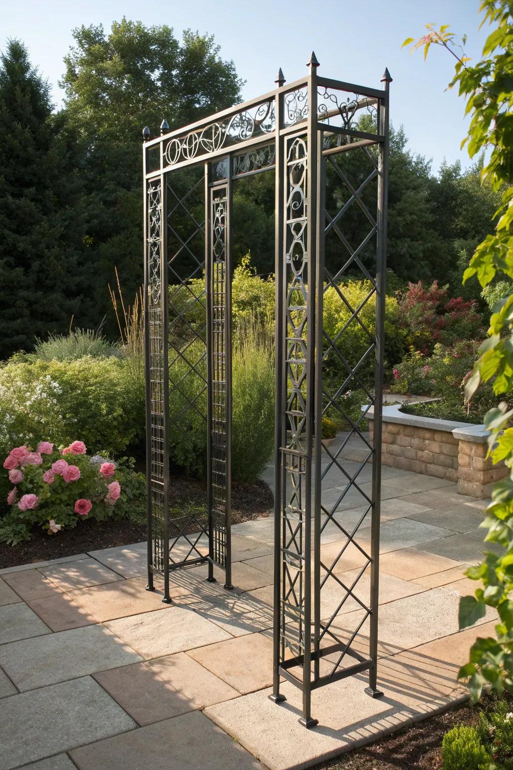Elevate your garden with a striking DIY metal trellis, where industrial meets natural elegance.