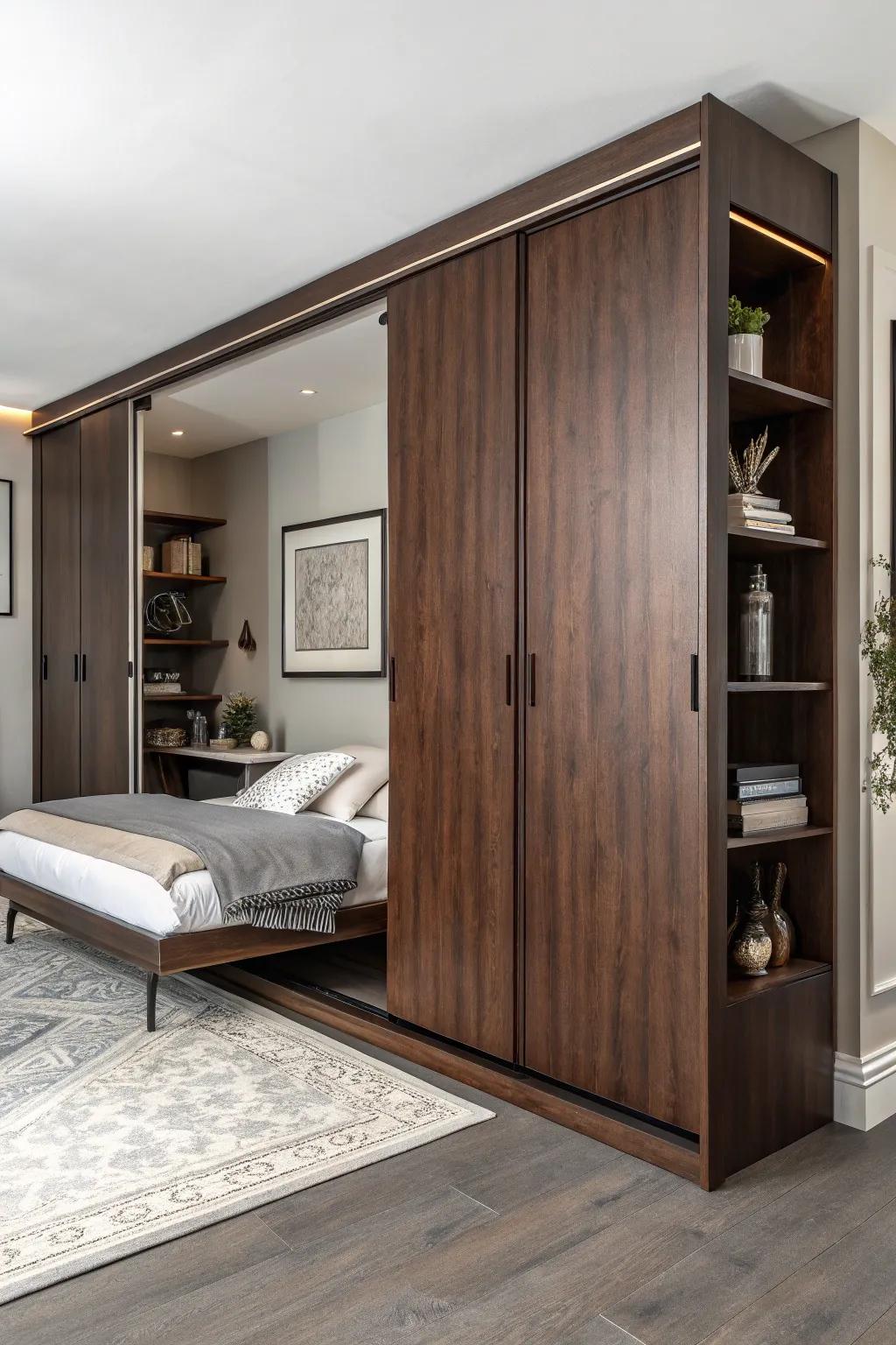 Revamp your area with a stylish Murphy bed featuring sleek sliding doors for a contemporary impression.