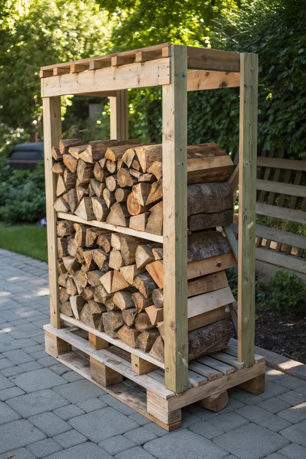 Elevate your firewood game with a stylish and functional pallet base, ensuring year-round wood preservation.