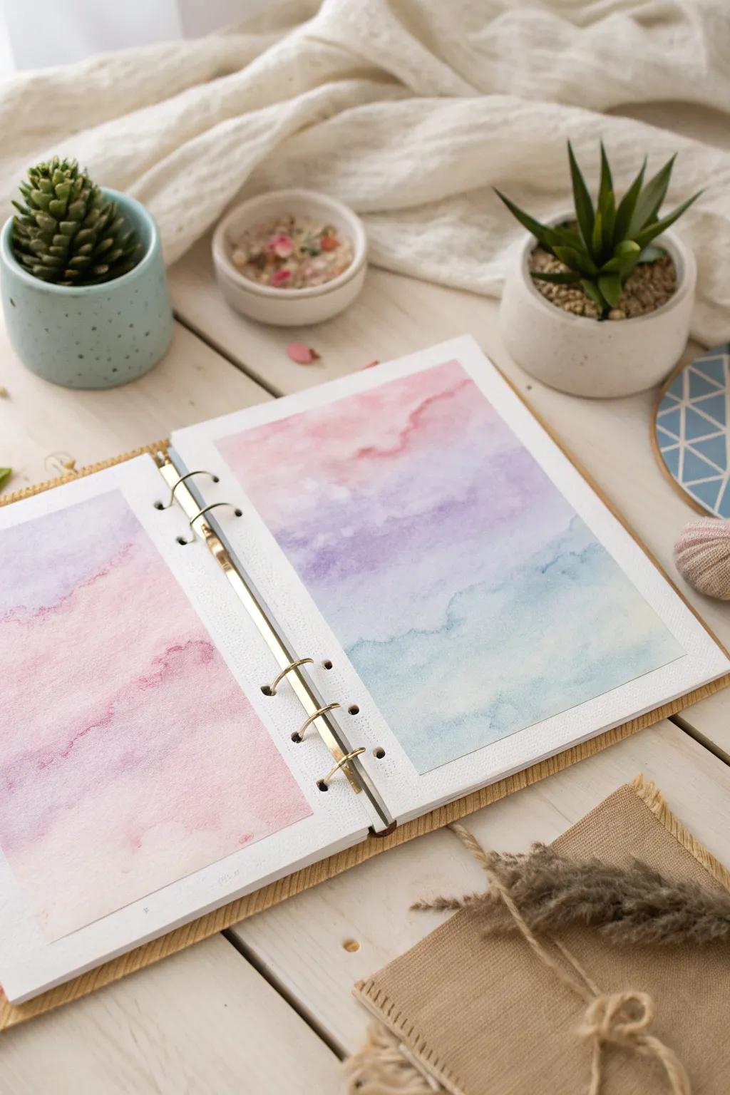 Embrace the artistry of simplicity through subtle washes for your DIY photo album. Infuse a hint of dreamy elegance into your treasured memories.