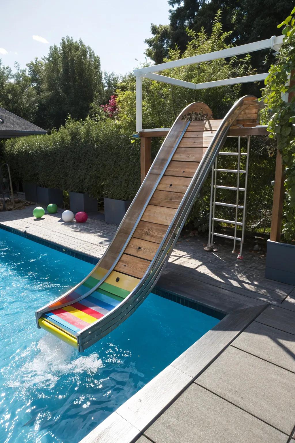 Plunge into eco-friendly amusement with a fashionable DIY pool slide crafted from reclaimed treasures.