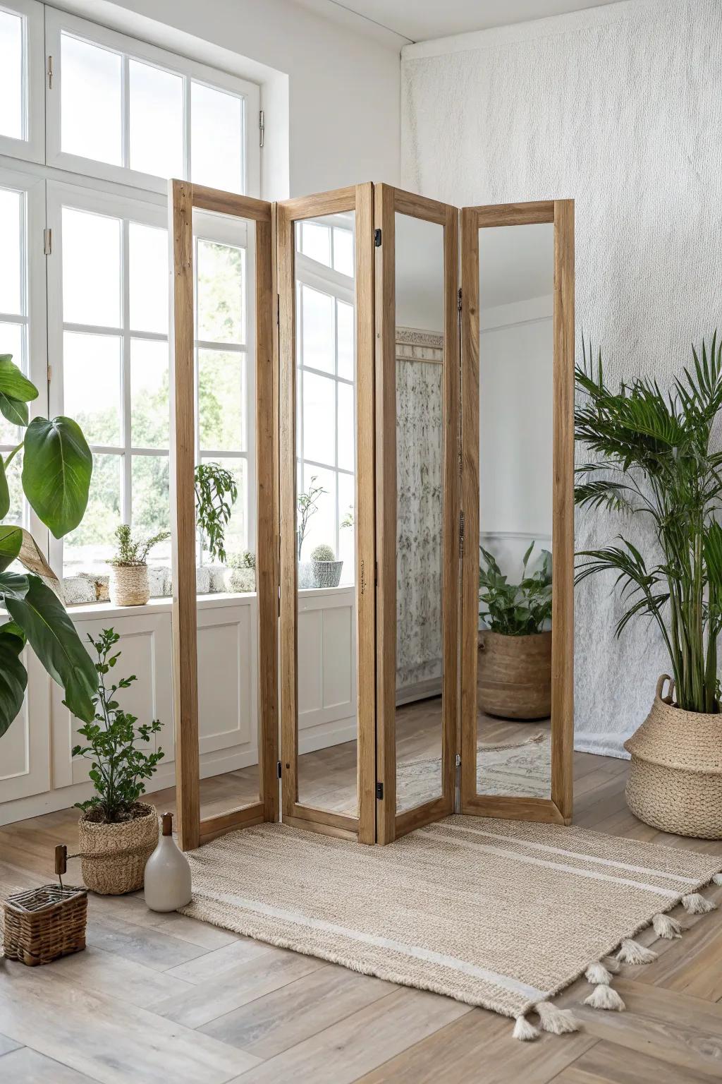 Broaden your space with flair: a mirrored folding screen that reflects splendor and luminosity.