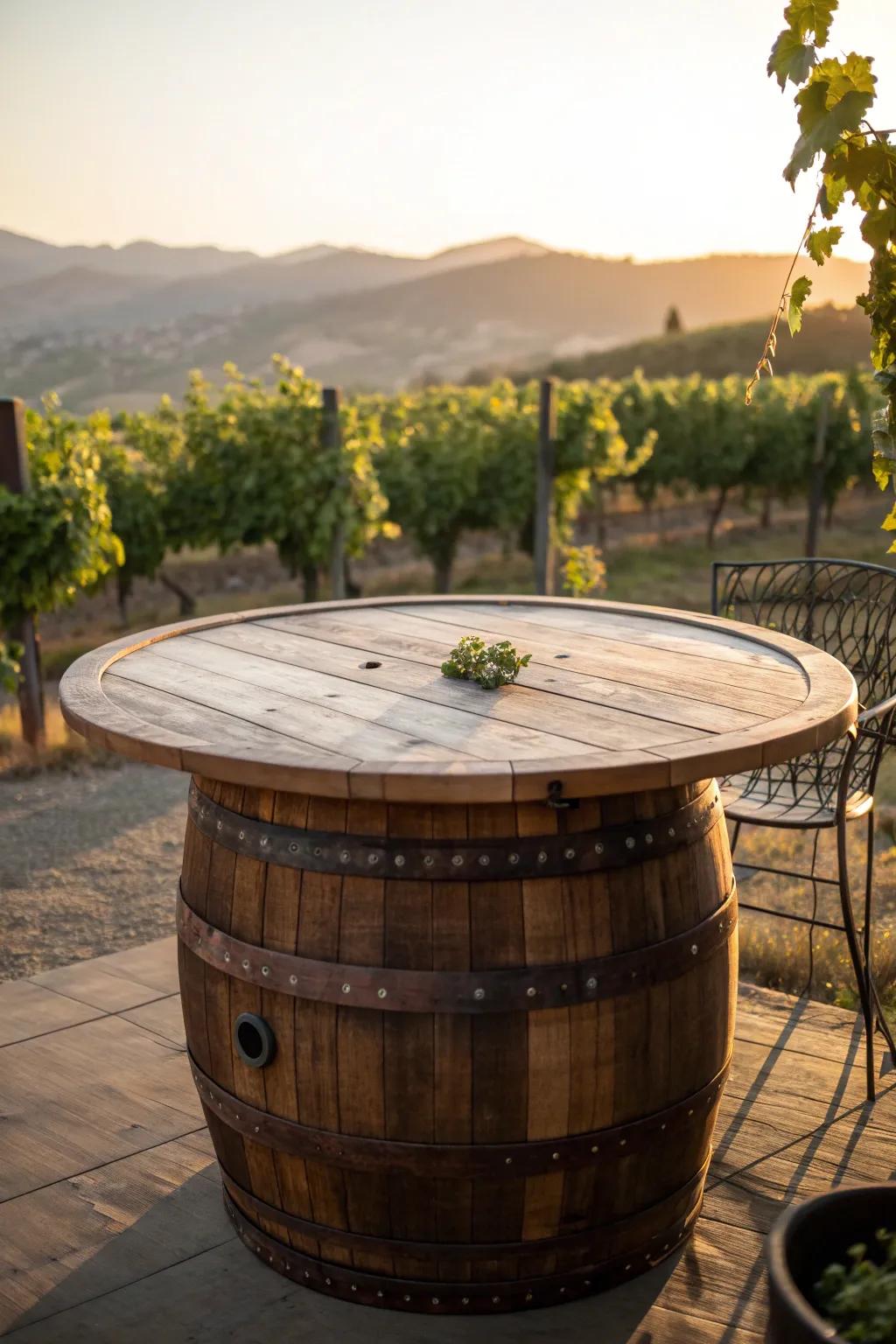 Refashion your open-air expanse with vineyard allure: A breathtaking fermented grape cask table for your patio.