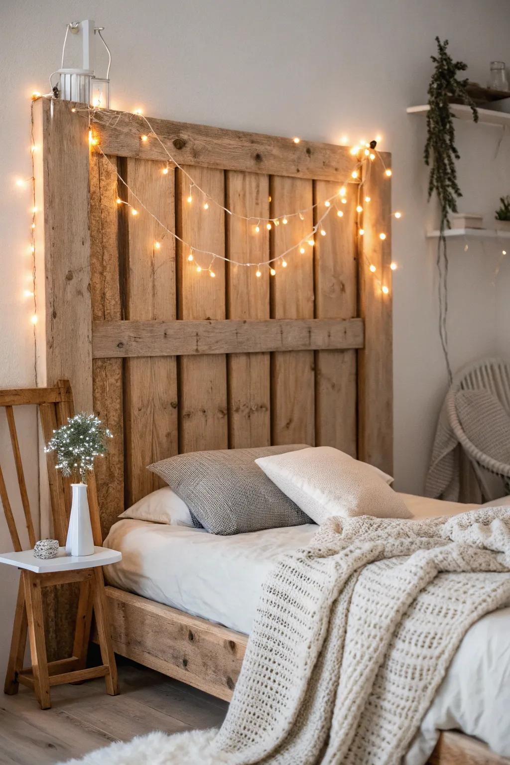 Transform your bedroom into a serene escape with a rustic headboard illuminated by whimsical sprite lights.