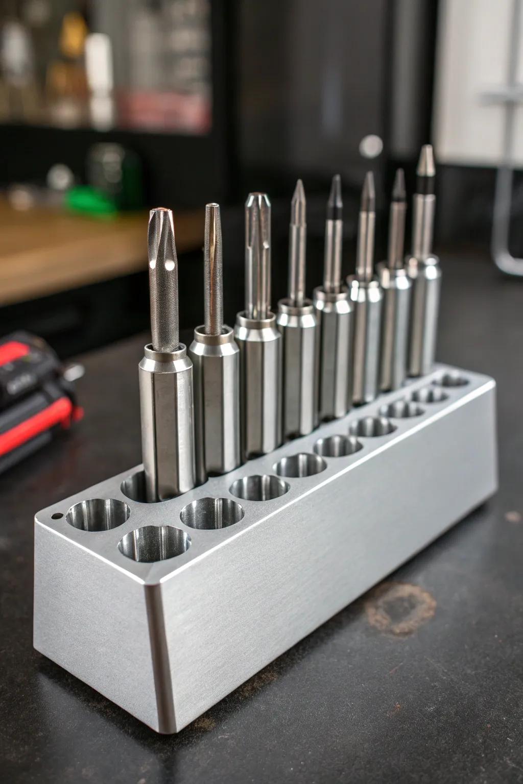 Enhance your workspace with this polished, contemporary aluminum angle screwdriver holster – where utility meets style.