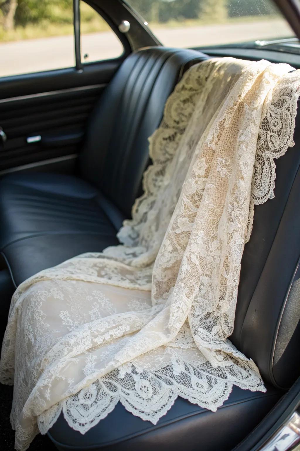 Revamp your vehicle with a hint of vintage sentiment: graceful lace seat coverings for a timeless aesthetic.