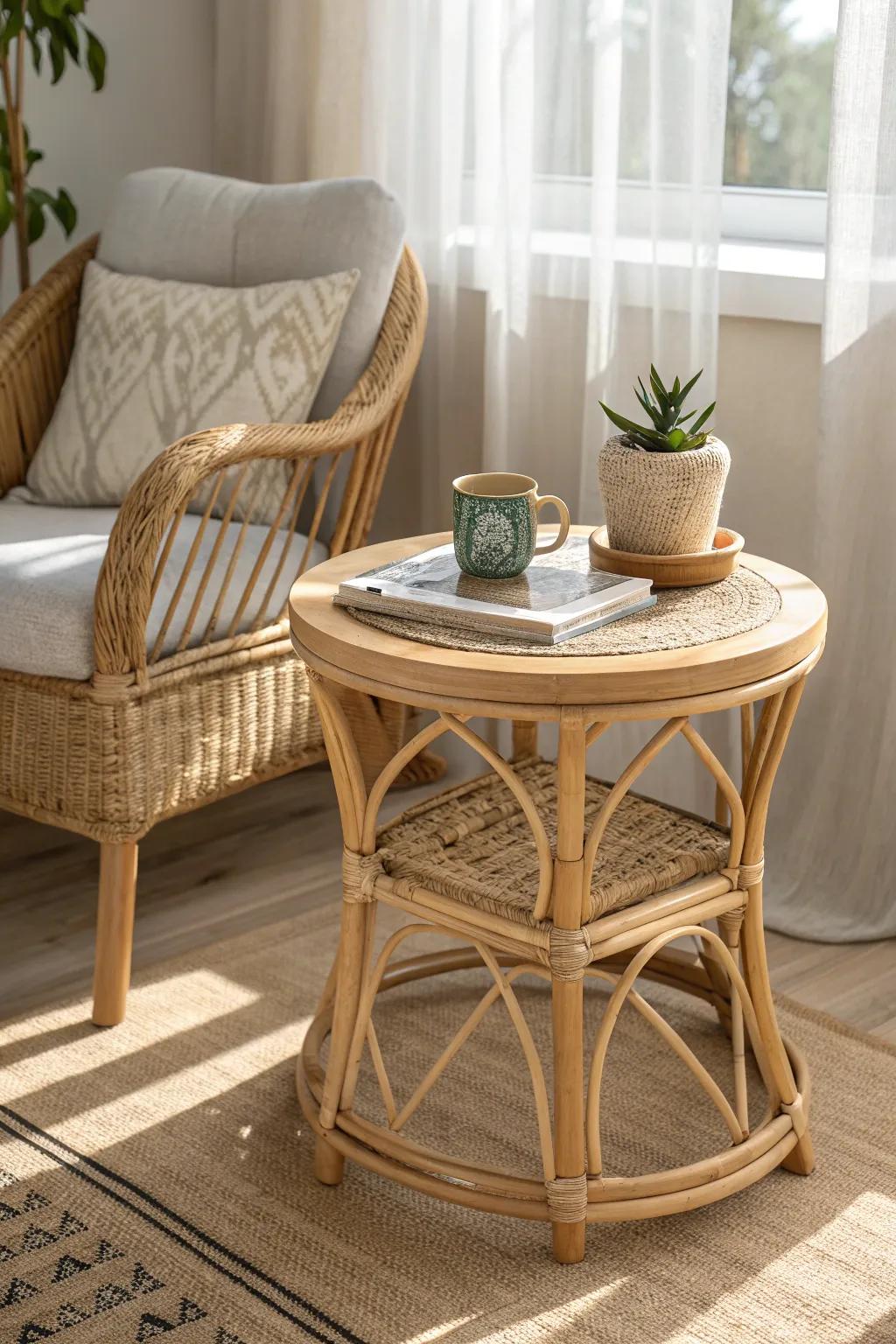 Uplift your perusing alcove through a Boho side table that harmonizes unpretentiousness and inherent allure.