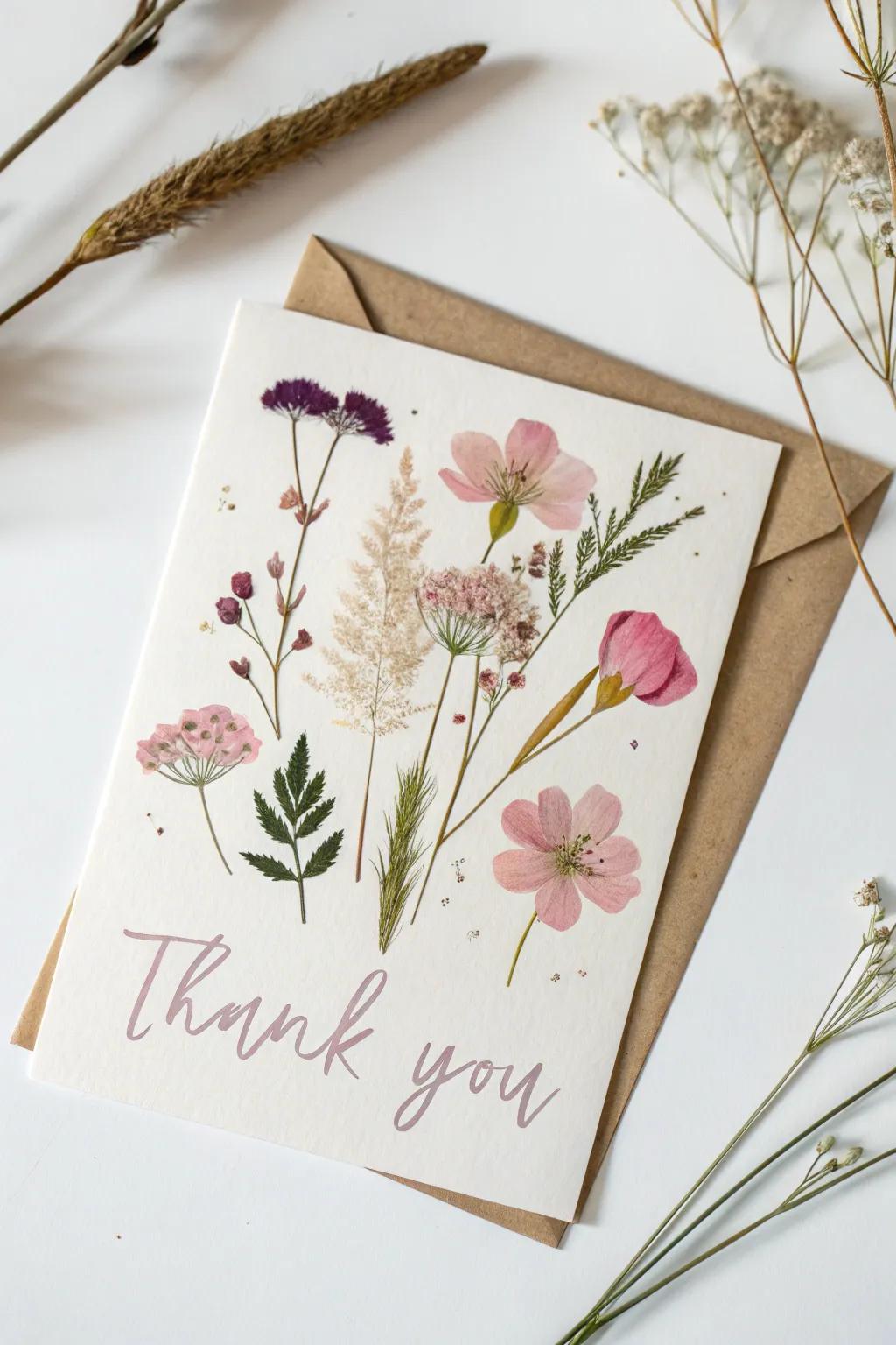 Nature's sophistication encapsulated in a simple, handcrafted thank you card with floral pressings.