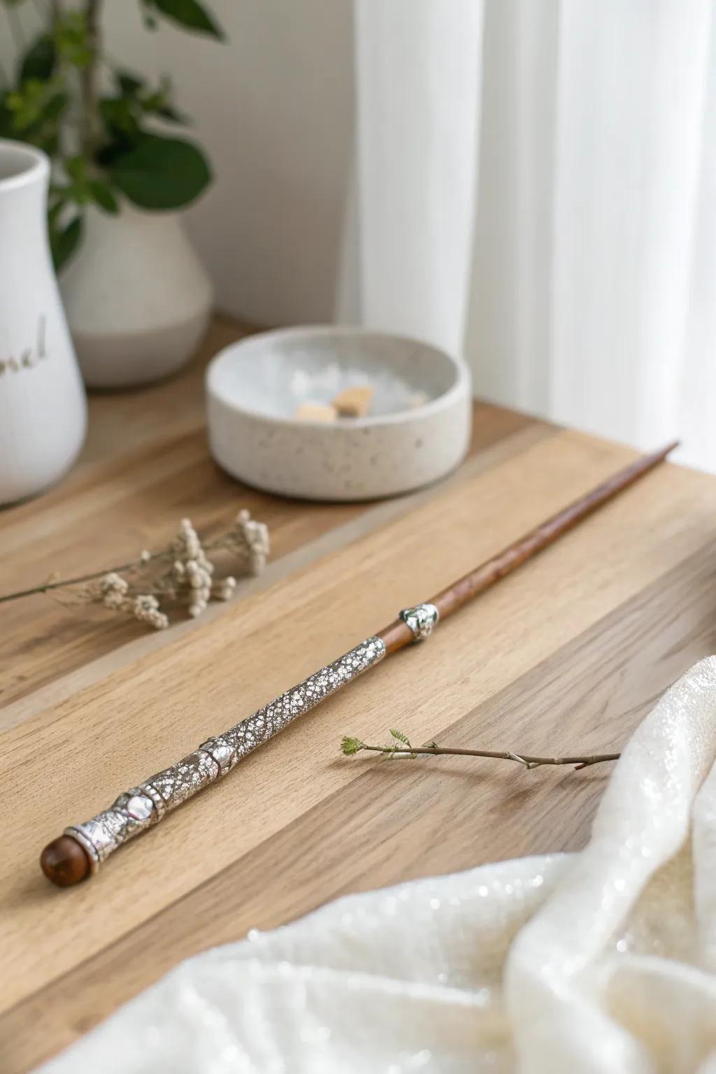 Infuse a soupçon of iridescence into your DIY wand through the application of elegant metallic foil accents, ideally suited for a contemporary and minimalist aesthetic.