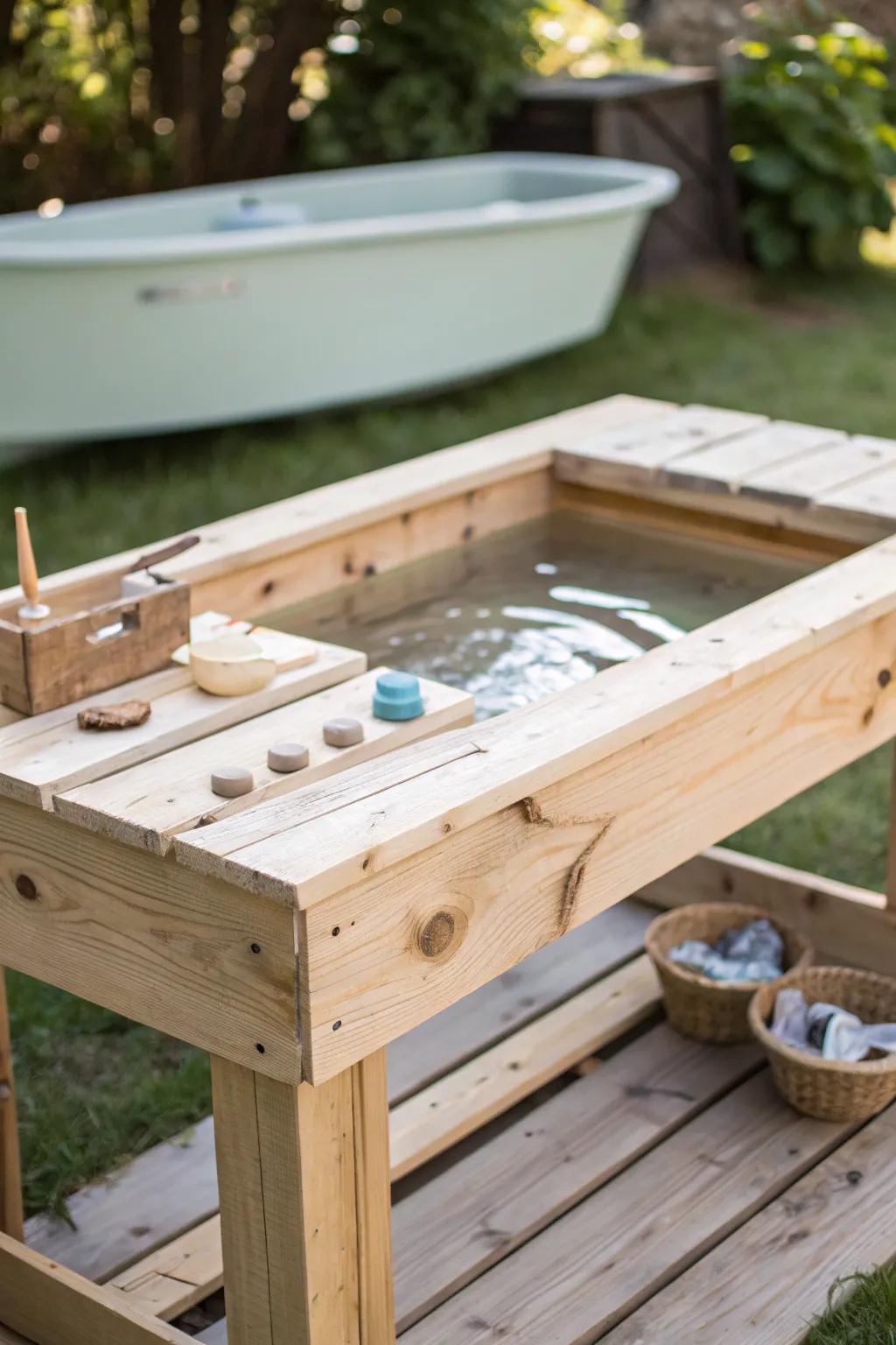 Elevate playtime with this breathtaking upcycled flat deck water table, where sustainability encounters elegance in your garden sanctuary.