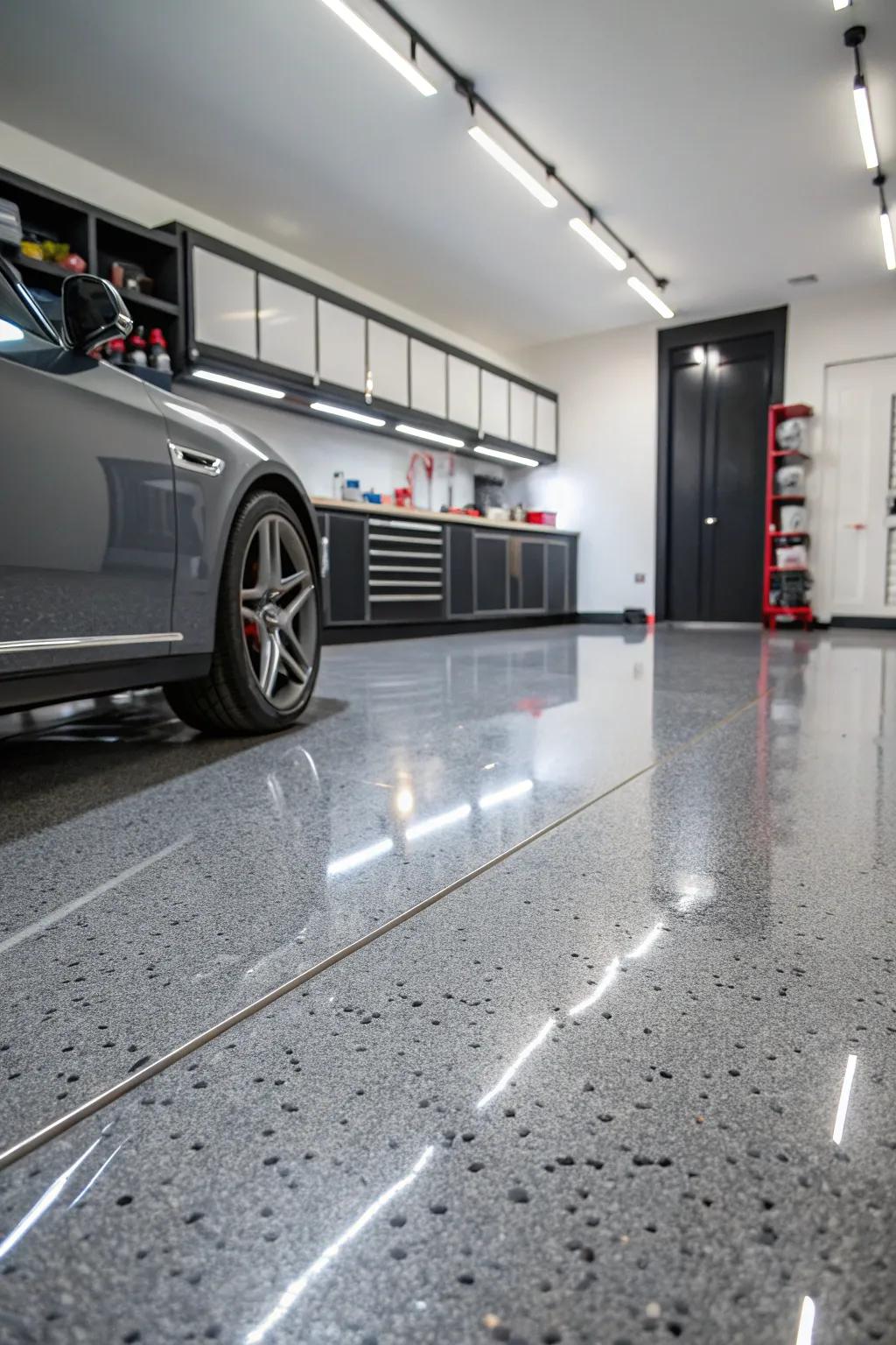 Revitalize your garage using a remarkable epoxy floor, blending style with practicality.