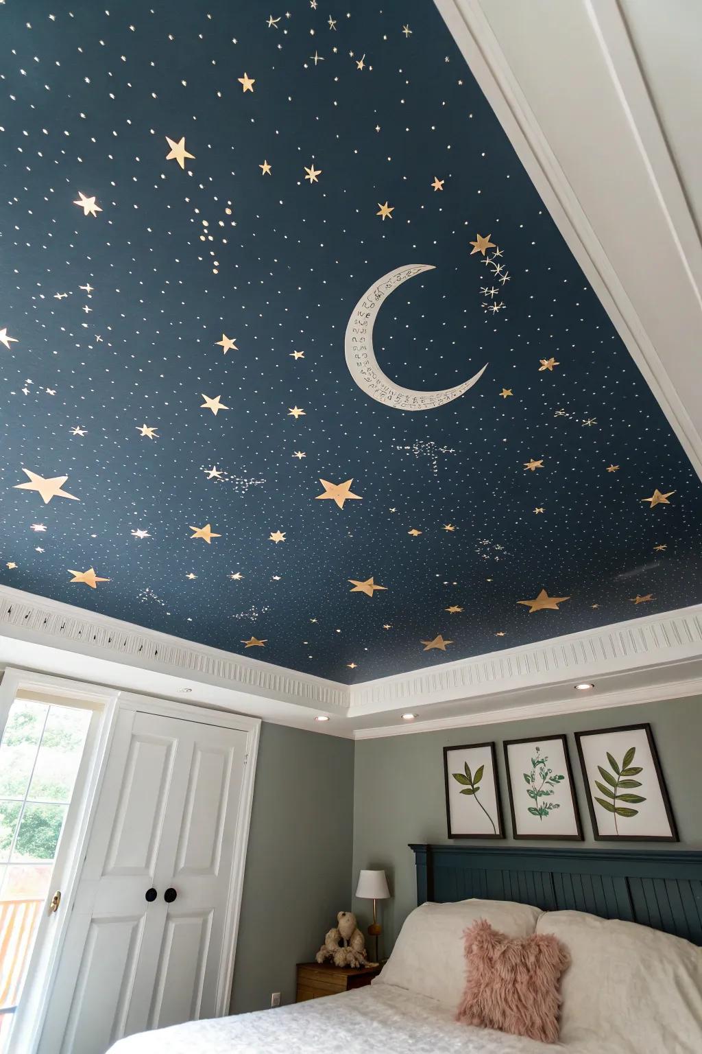 Enhance your area into a celestial retreat using a fanciful nocturnal scene mural that suggests tranquility.