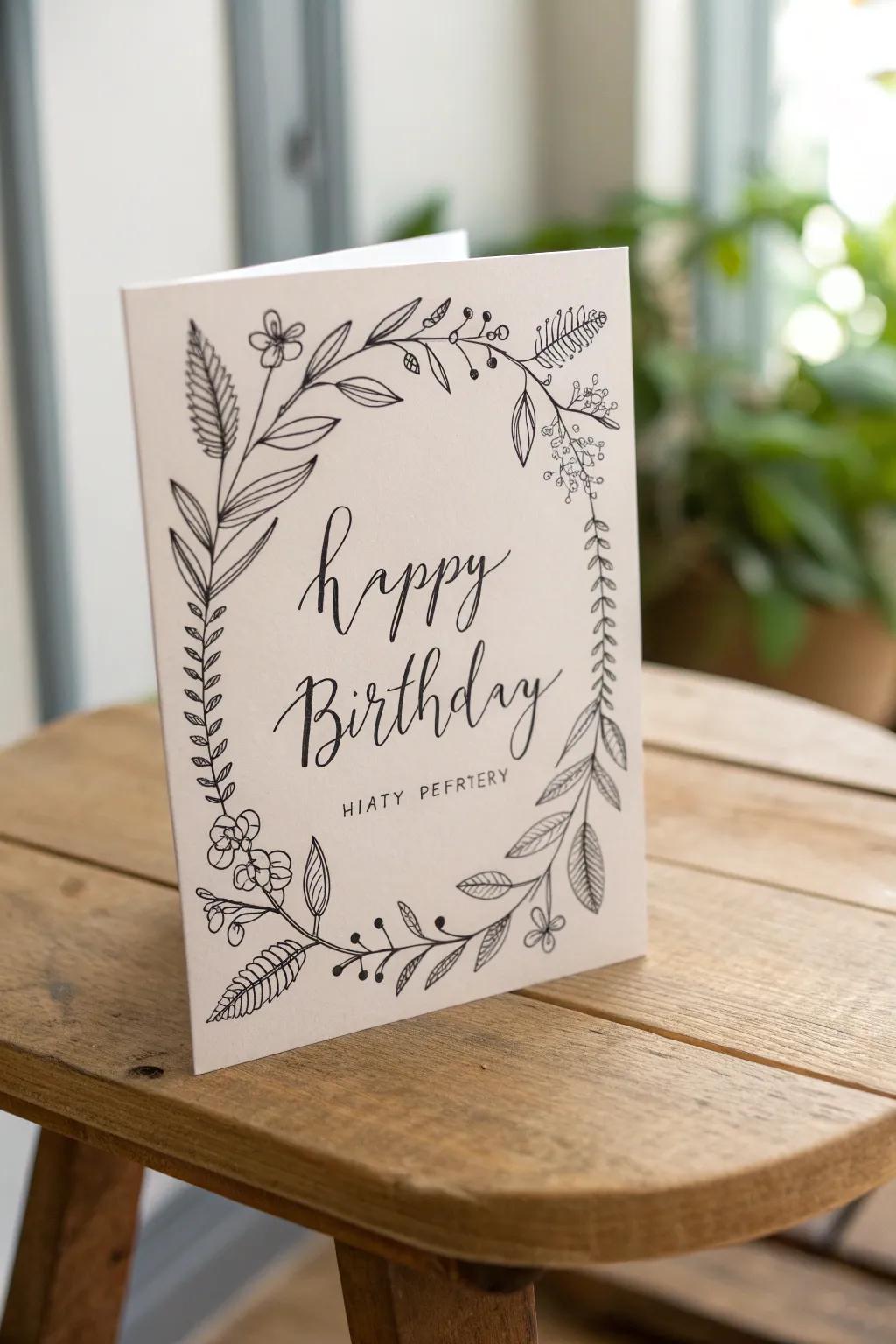 Celebrate with Nature's Touch: A minimalist birthday card embellished with a boho-inspired leaf border.
