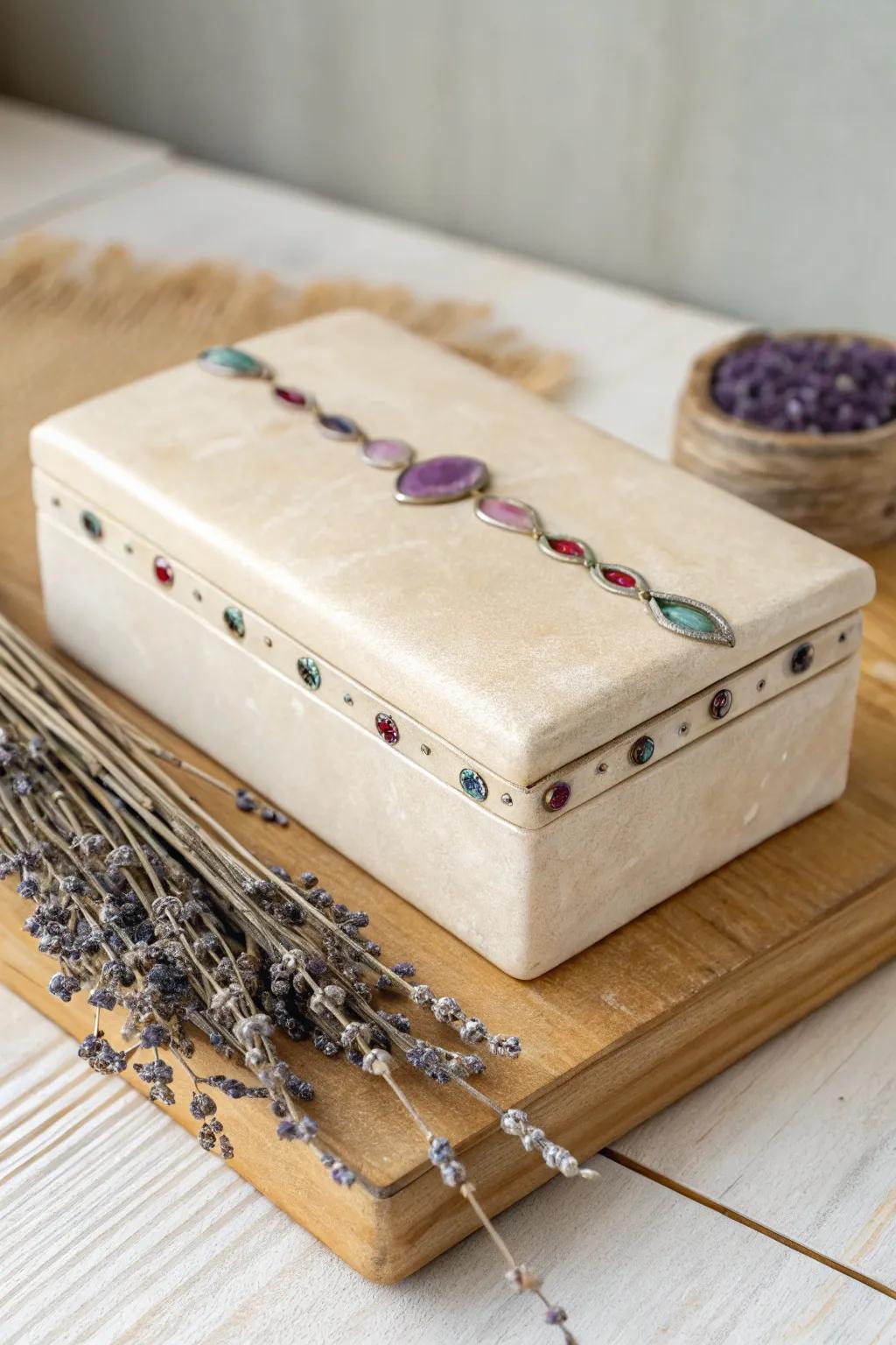 Discover the art of contrast with this stunning combined media clay box. Perfect for adding a touch of elegance to any space.