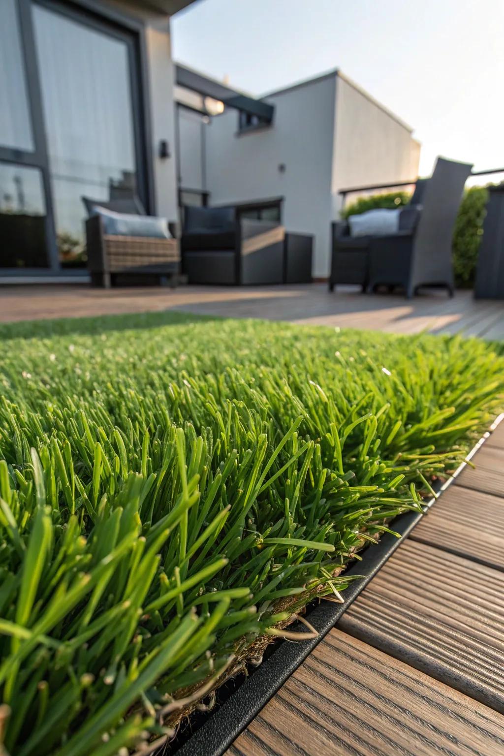 Revamp your patio into a verdant sanctuary via low-maintenance simulated turf.