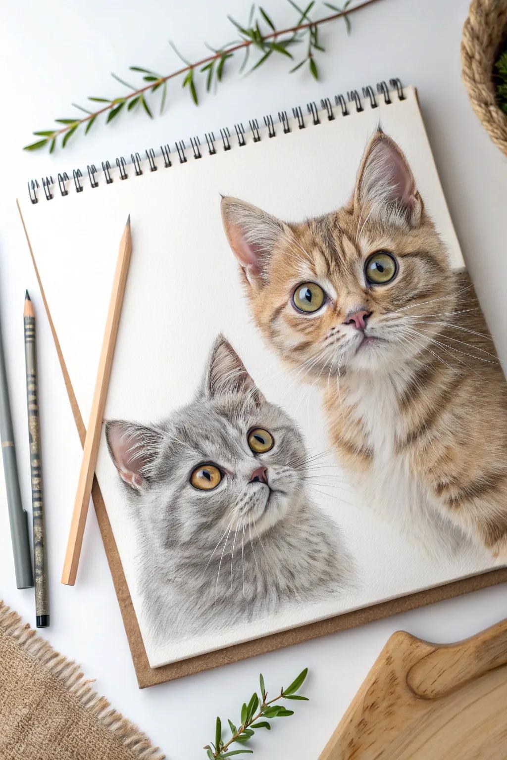 Embrace minimalism and charm with this spirited feline pair in warm, earthy tones.