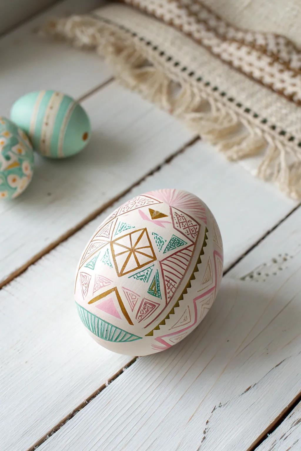 Embrace the beauty of simplicity through geometric sophistication. Transform your Easter eggs into modern masterpieces using clean lines and gentle hues.