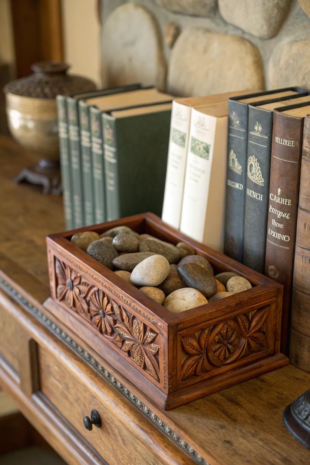 Elevate your shelving with sophistication: A wooden container tome support introduces charm and elegance.