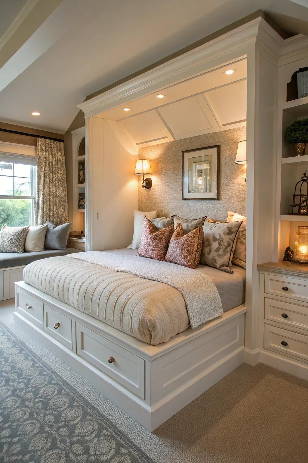 An integrated alcove delivers a personalized storage solution.