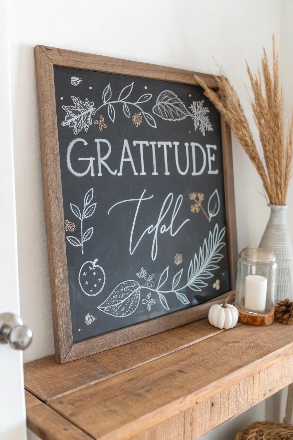 Embrace the season with gratitude and transformation, beautifully hand-lettered on a minimalist fall chalkboard.