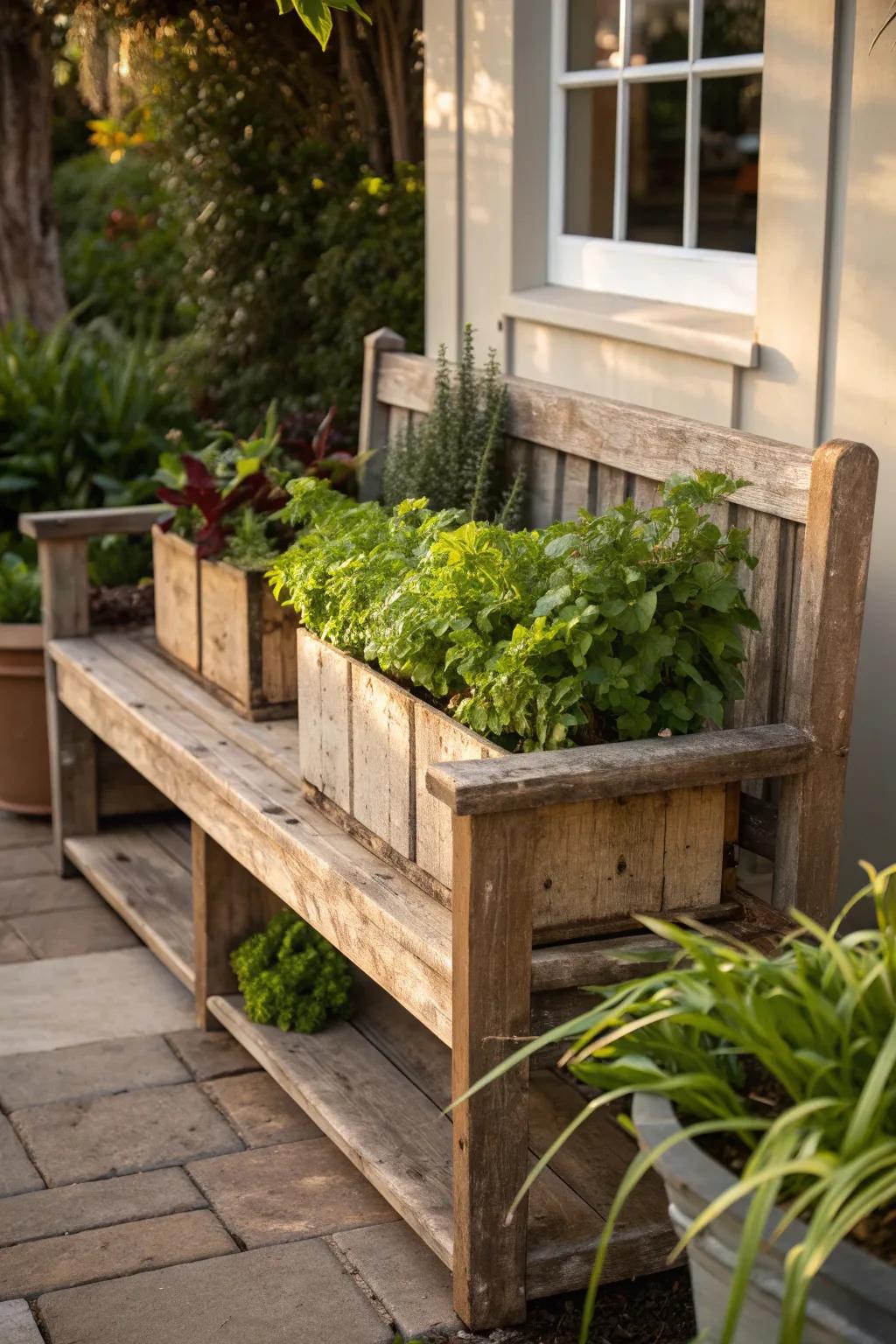 Elevate your outdoor area with a farmhouse bench that merges nature and comfort.