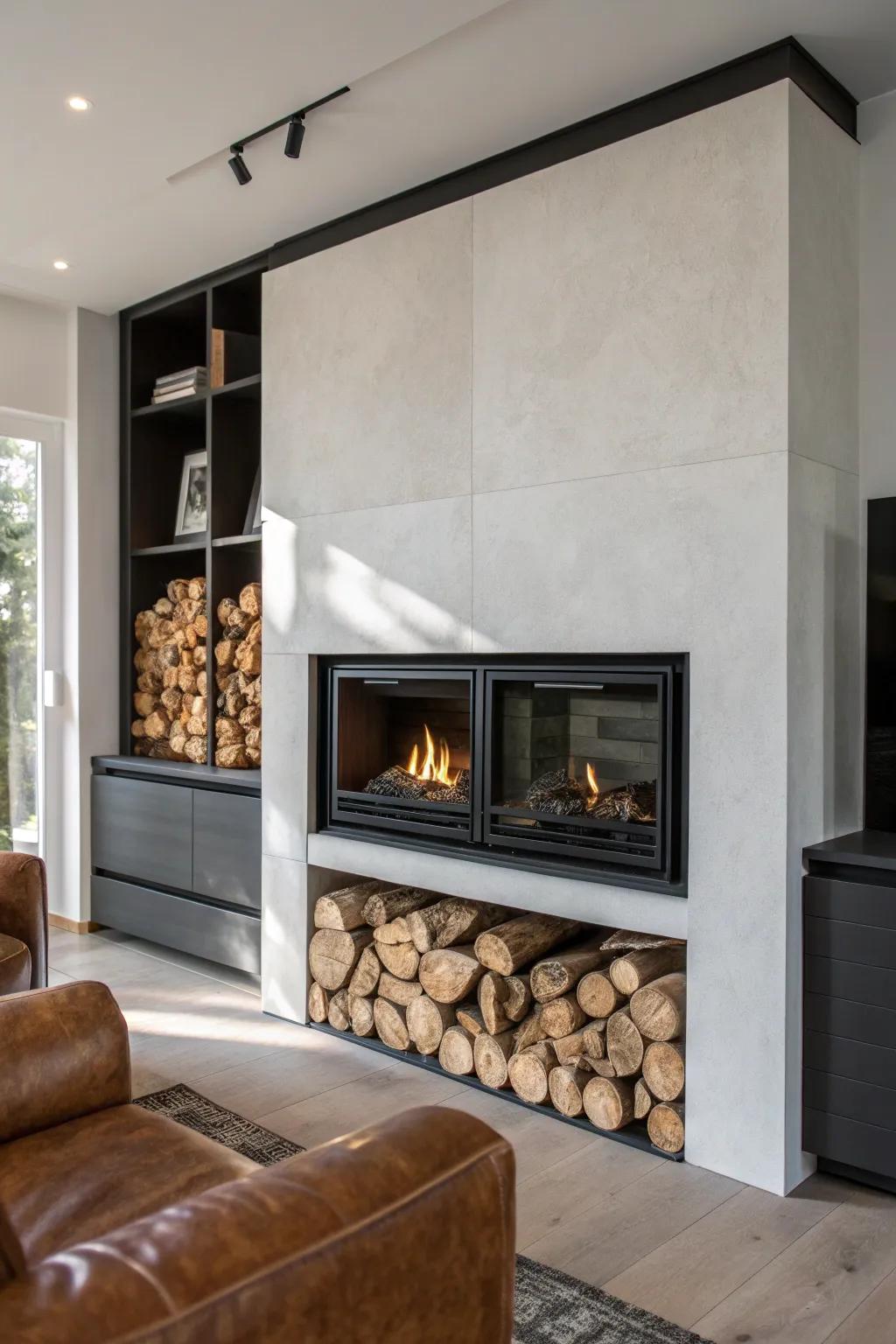 Elevate your indoor space with this stylish fireplace and wood storage solution.