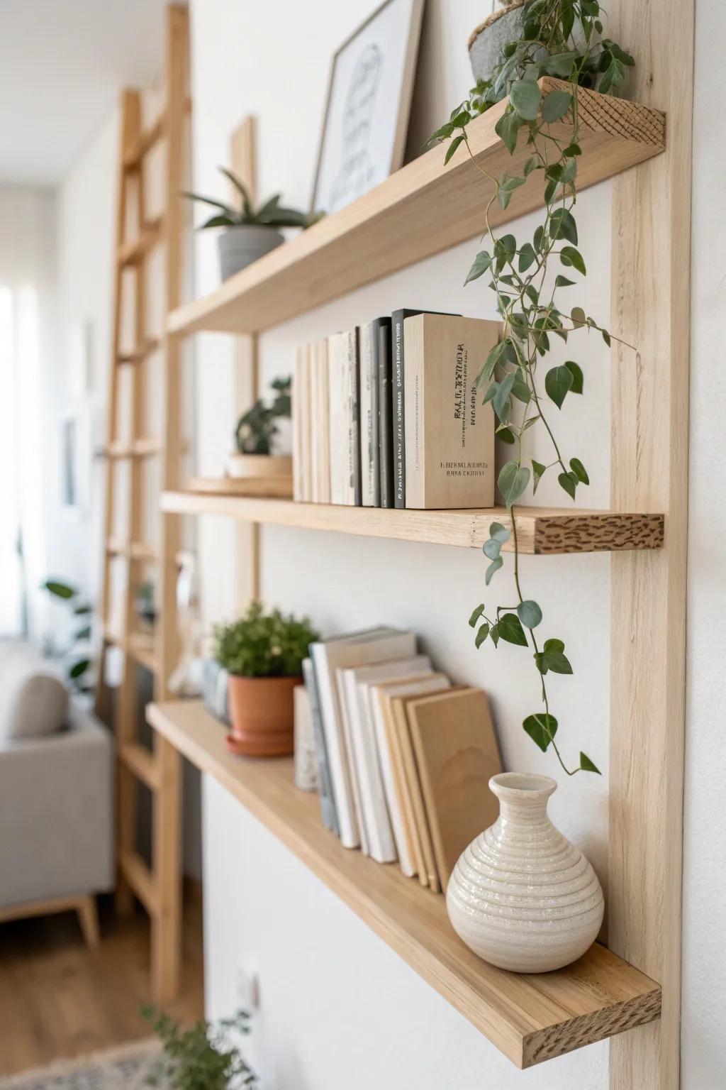 Elevate your office expanse with minimalist aerial racks, engendering an organized and invigorating work milieu.
