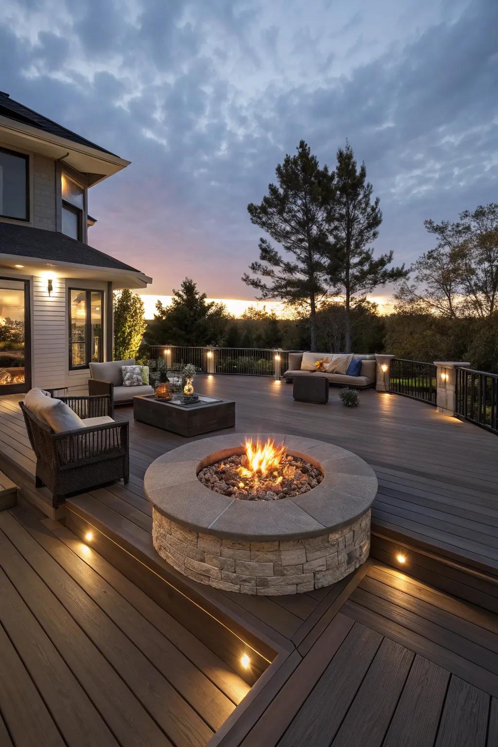 Transform your deck into the quintessential gathering locale, highlighted by an elegant integrated fireplace.