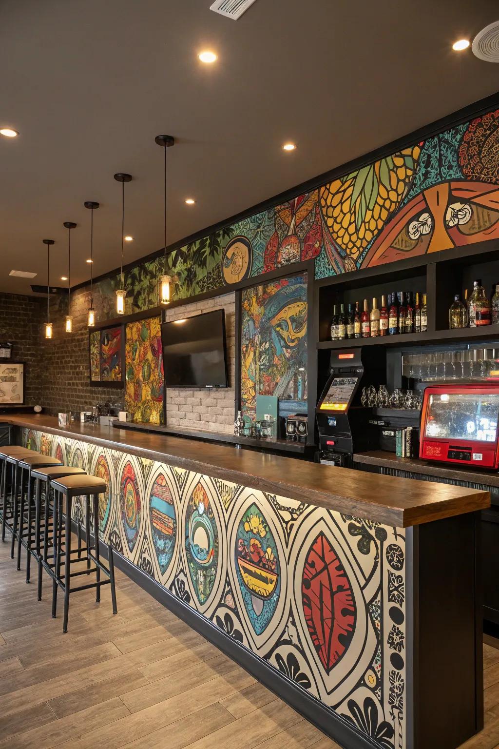 A creative accent wall can be a stunning visual focal point in your bar area.